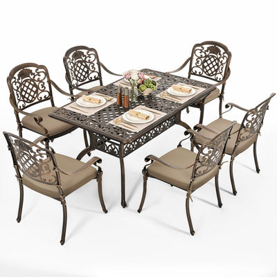 Pamapic 7-Piece Outdoor Dining Set,Cast Aluminum Patio Furniture with Vintage Table & 6 Stackable Chairs, Outdoor Furniture Set for Garden, Poolside (with 6 Cushion,Bronze)