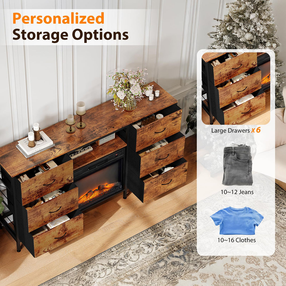 VINGLI Fireplace TV Stand Dresser with Fabric Drawer, Entertainment Center with LED Lights and Industrial TV Console Table with Open Storage Shelves for Living Room, Bedroom,Rustic Brown VINGLI