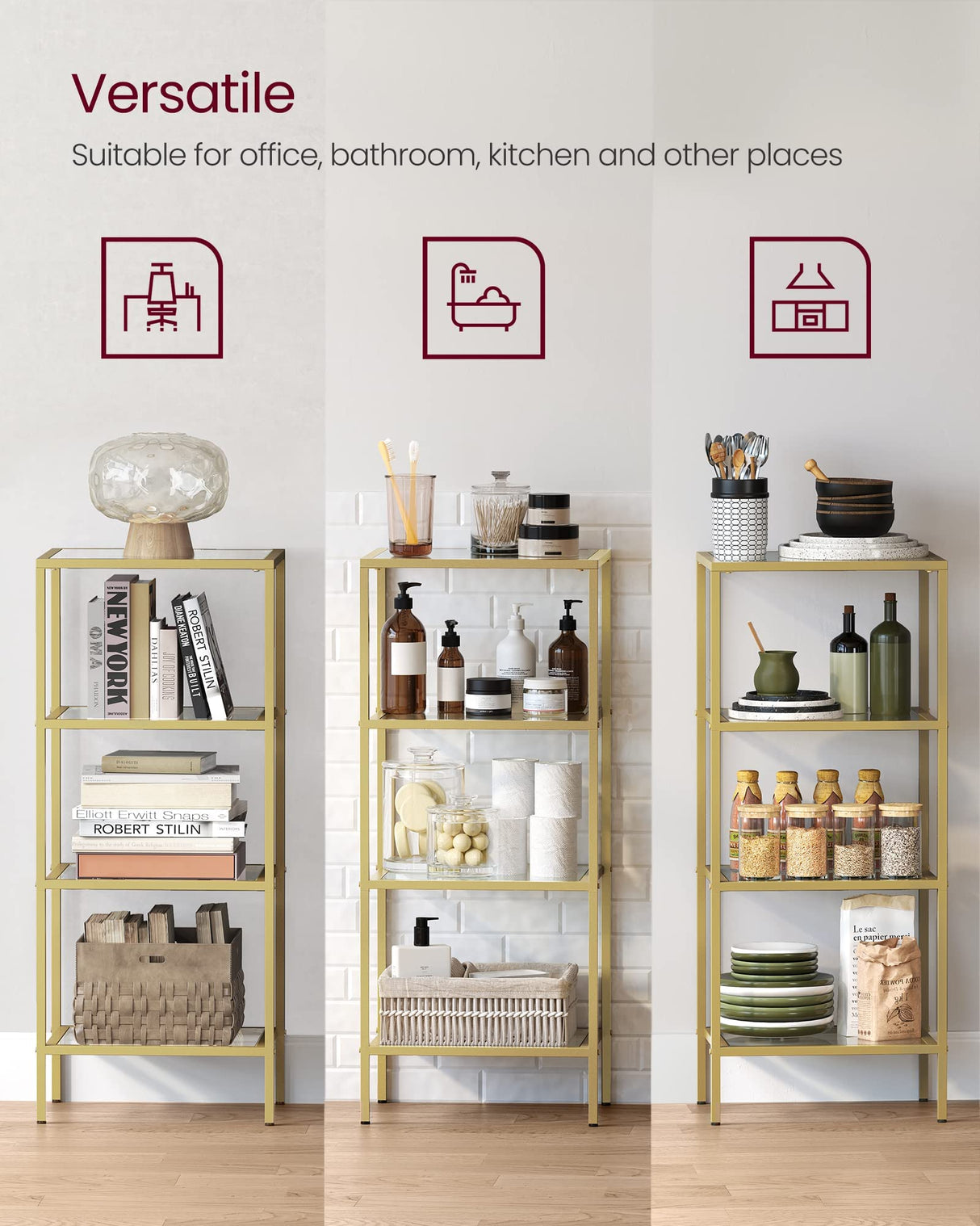 VASAGLE Bookcase, 4-Tier Bookshelf, Slim Shelving Unit for Bedroom, Bathroom, Home Office, Tempered Glass, Steel Frame, Metallic Gold ULGT28G VASAGLE