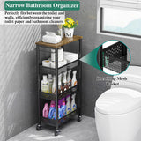 OKZEST Utility Slim Storage Cart, 4-Tier Narrow Bathroom Organizer and Storage Cart, Metal Narrow Kitchen Laundry Room Organization Rack with Wood Top, Slim Rolling Shelf with Wheels for Small Space OKZEST