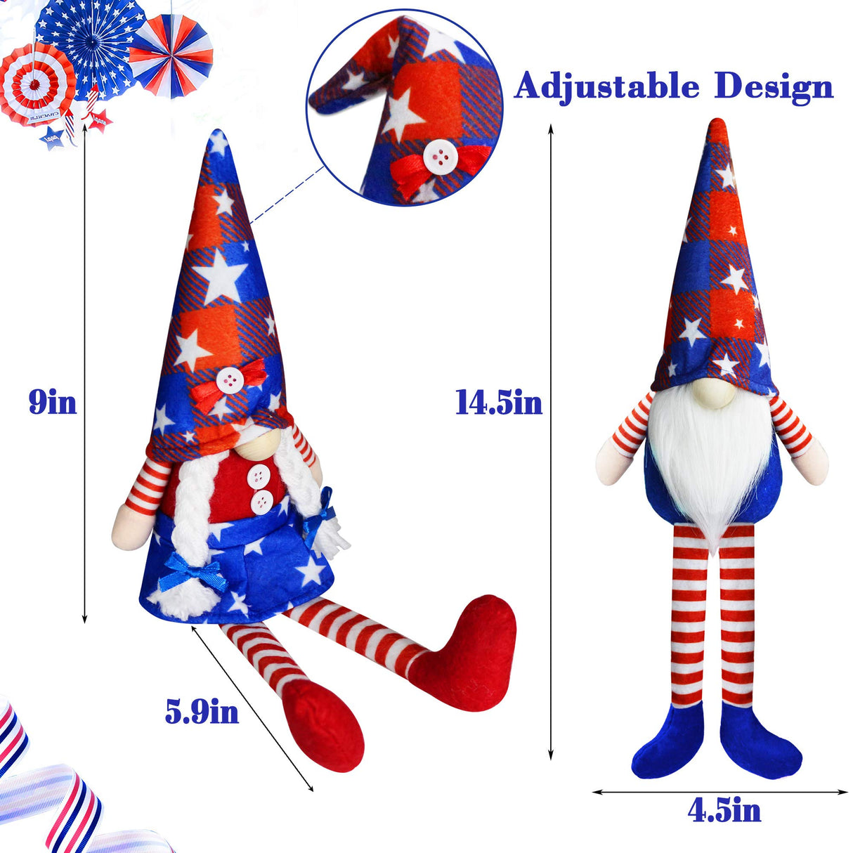 2Pcs 4th of July Patriotic Gnomes Plush Decorations - Mr & Mrs Handmade Swedish Tomte Gnomes Ornaments for Patriotic Party Table Decor- Fourth of July Party Home Mantle Fireplace Decor Partyprops