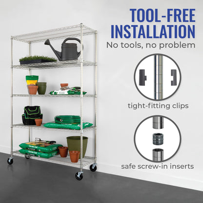 SafeRacks NSF Certified Storage Shelves, Zinc, Heavy Duty Steel Wire Shelving Unit with Wheels and Adjustable Feet, Garage or Bakers Rack Kitchen Shelving, Pantry Shelf - (18"x48"x72" 5-Tier)