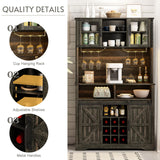 GlouMod Farmhouse Coffee Bar Cabinet with Sliding Barn Door, Buffet Cabinet with Hutch, Kitchen Pantry Cabinet with Power Outlet & Lighting, Tall Liquor Cabinet for Home Dining Room, Black GlouMod