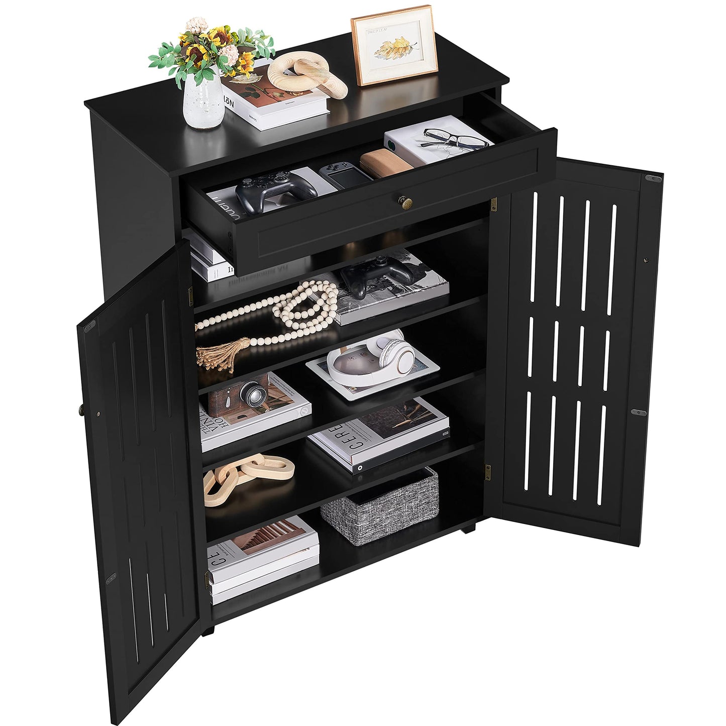 Yaheetech Storage Cabinet Floor Storage Organizer Wooden Cabinet with Drawer 2 Doors for Entryway Living Room Furniture Black - WoodArtSupply