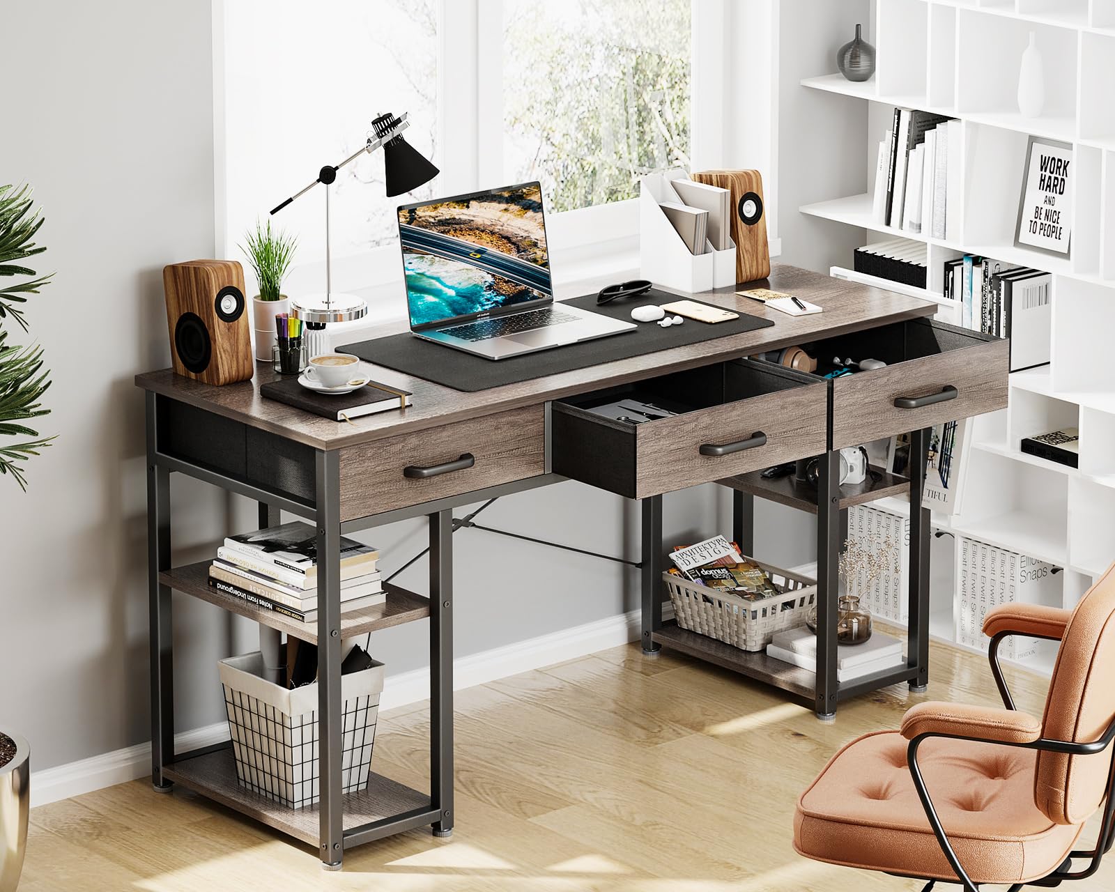 ODK Office Small Computer Desk: Home Table with Fabric Drawers & Storage Shelves, Modern Writing Desk, Grey Oak, 48"x16" - WoodArtSupply