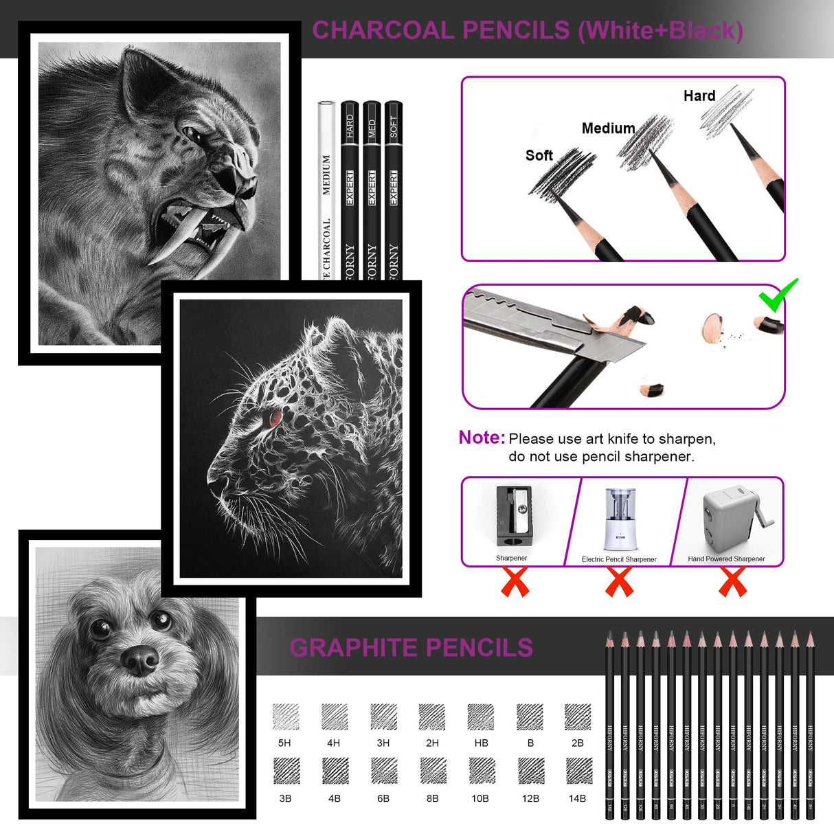 HIFORNY 28 PCS Sketching Drawing Pencil Set,Sketch Pencils Art Supplies with Graphite,Charcoal,Blending Tools,Accessories,Drawing Kit for Adults Artists in Canvas Roll Up Case HIFORNY