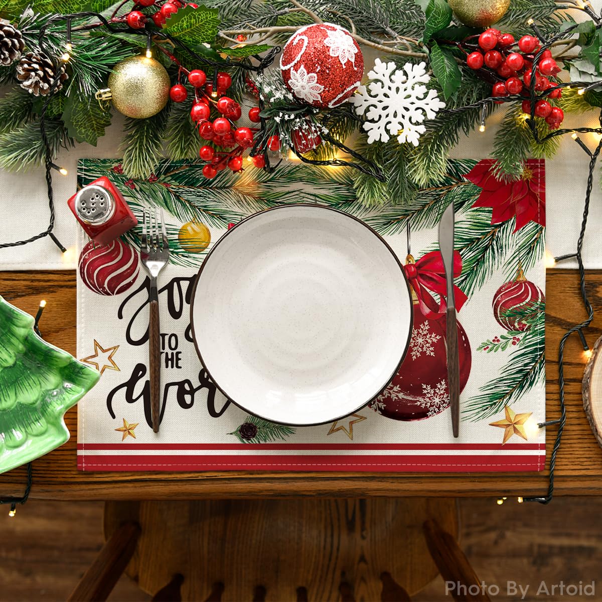 Artoid Mode Joy to The World Xmas Red Balls Christmas Placemats Set of 4, 12x18 Inch Seasonal Winter Pine Cone Table Mats for Party Kitchen Dining Decoration Artoid Mode