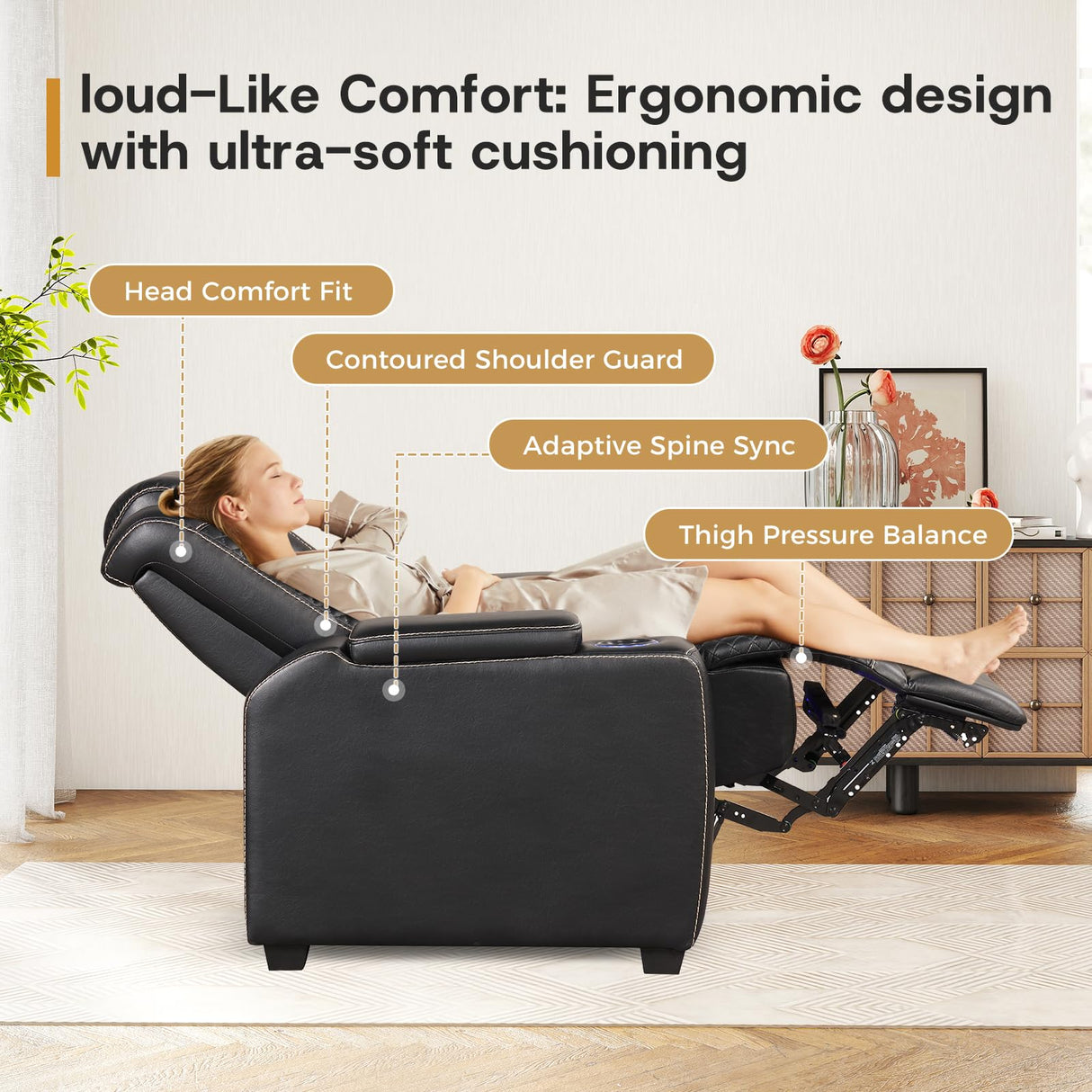 ANJ Power Home Theater Seating Set of 2, PU Leather Electric Recliner Chair with Powered Headrest, Dual Motors Movie Reclining Chairs with LED Lights,USB Port, Cup Holders, Hidden Arm Storage (Black) ANJ