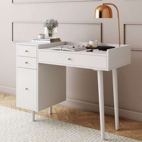 Nathan James Daisy Vanity Dressing Table or Makeup Desk with 4-Drawers and Brass Accent Knobs, White Wood Nathan James