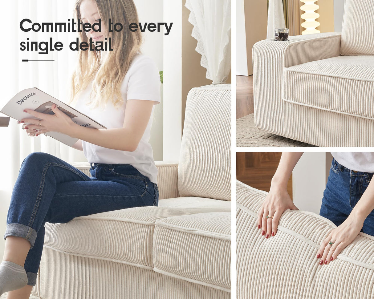 VanAcc Sofa, 89 inch Modern Sofa with USB Charging Ports & Cup Holders, Deep Seat Sofa Couch- Comfy Couch for Living Room (Beige Corduroy) VanAcc