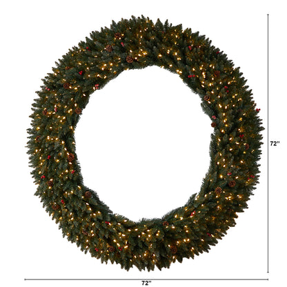 Nearly Natural 6ft. Large Flocked Artificial Christmas Wreath with Pinecones, Berries, 600 Clear LED Lights and 1080 Bendable Branches