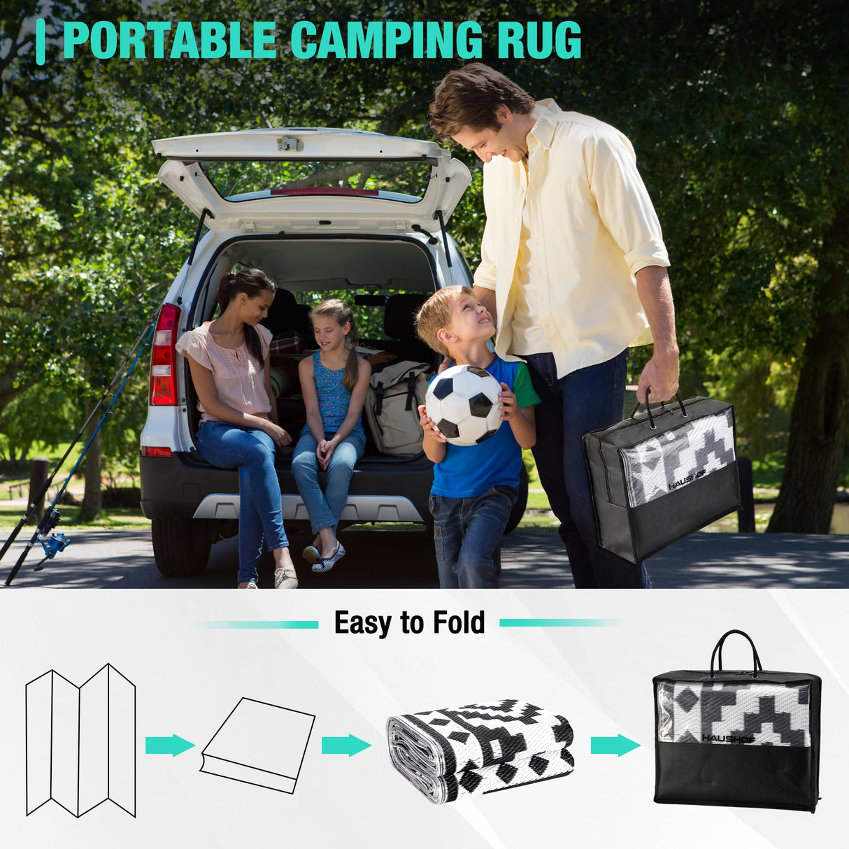 HAUSHOF 5'X8' Outdoor Rug Waterproof with LED Strip Light, Reversible Outdoor Plastic Straw Rug, Patio Rug with 4 Rug Stakes, Outdoor Carpet Mat for RV, Camping, Beach, Porch, Balcony, Black&White HAUSHOF