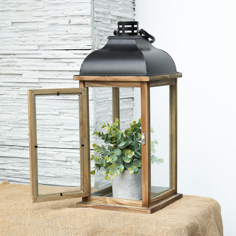 Farmhouse Wooden Candle Lantern with Glass Panel, Large 18" Rustic Decorative Lantern Holder, Vintage Wooden Hurricane Lantern for Candles, Indoor Outdoor Farmhouse Decor SUJUN