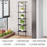 POBOMULI 5-Tier Ladder Shelf, Wall Mounted Ladder Bookshelf with Metal Frame, Wood Tall Open Storage Rack and Display Shelves for Home Office Bedroom Living Room, Black POBOMULI