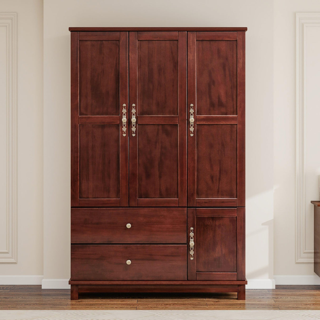 Tafeumob Solid Wood Armoire Wardrobe: 3 Doors Solid Wood Bedroom Armoires with Hangingrod Clothes Organizer Cabinet Storage with 2 Drawers Brown Finish 46.3" L x 19.69" W x 70.87" H Tafeumob