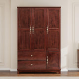 Tafeumob Solid Wood Armoire Wardrobe: 3 Doors Solid Wood Bedroom Armoires with Hangingrod Clothes Organizer Cabinet Storage with 2 Drawers Brown Finish 46.3" L x 19.69" W x 70.87" H Tafeumob