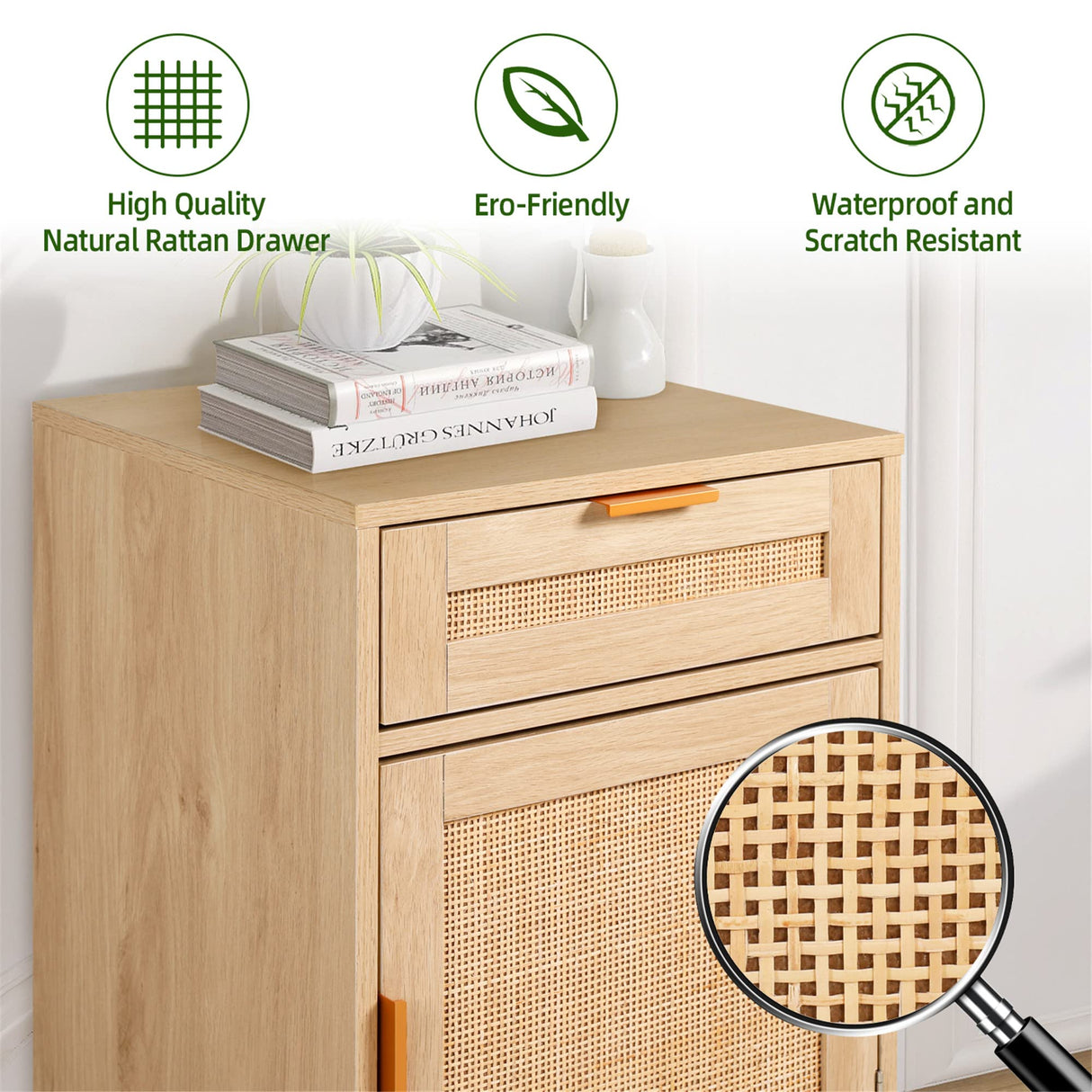 STHOUYN Nightstand Set of 2 with Drawers, Boho Night Stands Set of 2, Bed Side Tables Bedroom Set of 2, Oak Rattan Nightstand End Tables Small Space (Natural Rattan) STHOUYN