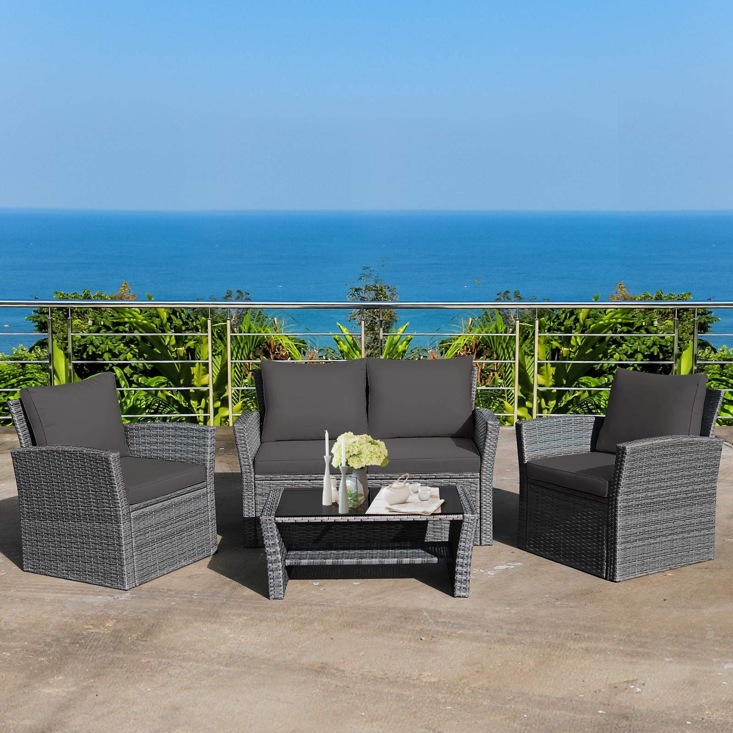 COSTWAY 4 Pieces Patio Rattan Furniture Set, Outdoor Wicker Sofa Set with Tempered Glass Coffee Table, Cushions, All Weather Rattan Conversation Set for Yard Balcony Backyard Pool, Grey - WoodArtSupply