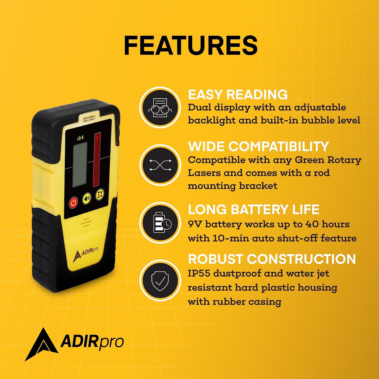 AdirPro Universal Rotary Laser Detector (LD-8) - Digital Rotary Laser Receiver with Dual Display and Built-In Bubble Level, Compatible with All Red Rotary Lasers - Rod Clamp Included - WoodArtSupply