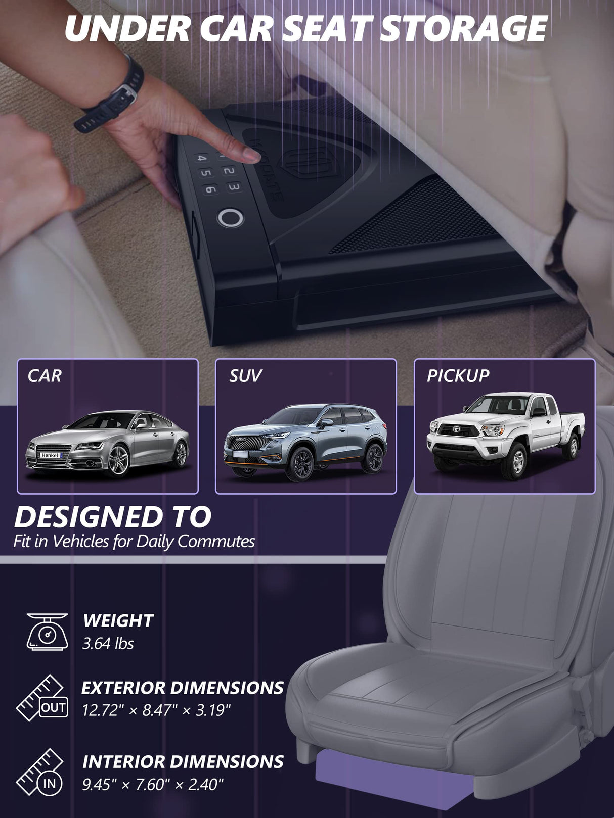 MD MADOATS Car Gun Safe, Portable Biometric Safes for Pistols with Cable, Fingerprint & Keypad & Key Access Handgun Lock Box for Vehicle Travel Home (Leather Logo) MD MADOATS