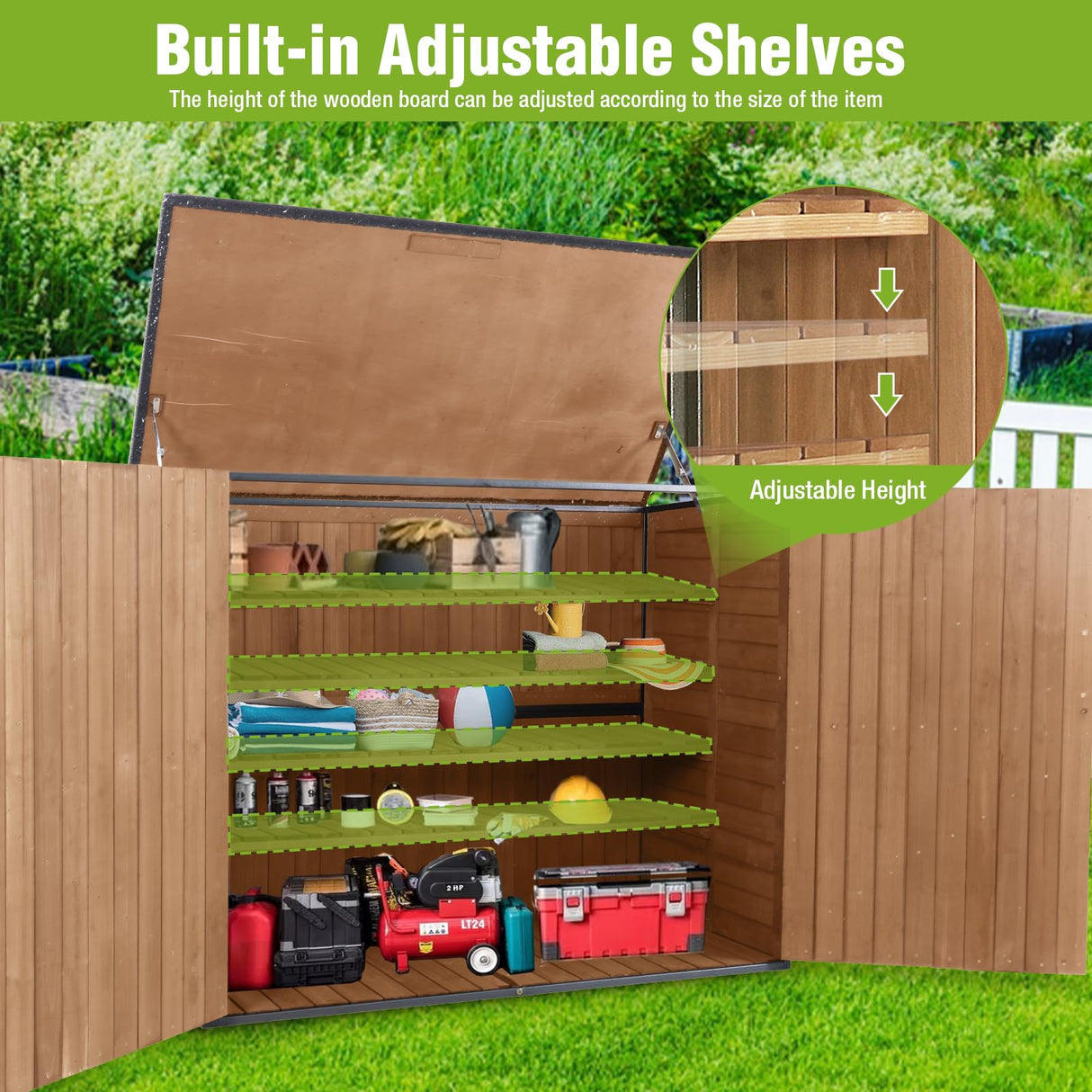 Joyqinchen Outdoor Storage Shed with Strong Metal Frame, Wooden Garden Sheds with Adjustable Shelves and Removable Floor, Weatherproof Outdoor Trash Can Shed, Horizontal Storage Cabinet for Patio Joyqinchen