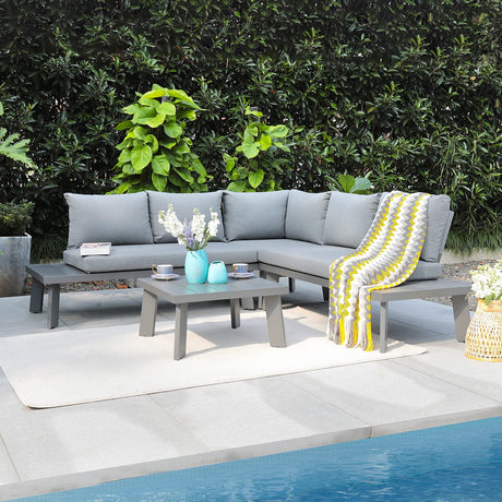 Soleil Jardin 4-Piece Outdoor Patio Furniture Set L-Shaped Aluminum Sectional Sofa with Coffee Table All-Weather Patio Conversation Set with Cushions, Dark-Grey Soleil Jardin