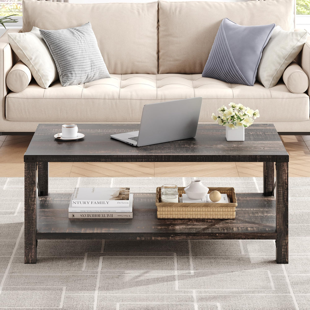 IDEALHOUSE Farmhouse Coffee Table 2-Tier Rustic Center Table Living Room Rectangle Cocktail Table Vintage Wood Look Tea Table with Shelf and X Metal Frame, Easy Assembly IDEALHOUSE