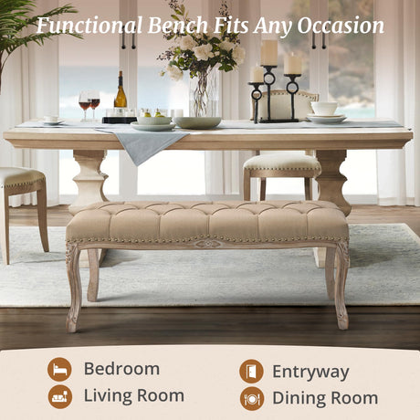 Cozyman Bedroom Bench, French Vintage Tufted Entryway Bench, 45.2" Carving Upholstered End of Bed Bench with Distressed Wood Legs, Linen Ottoman Seat for Living Room, Foyer, Dining Room, Wheat Cozyman
