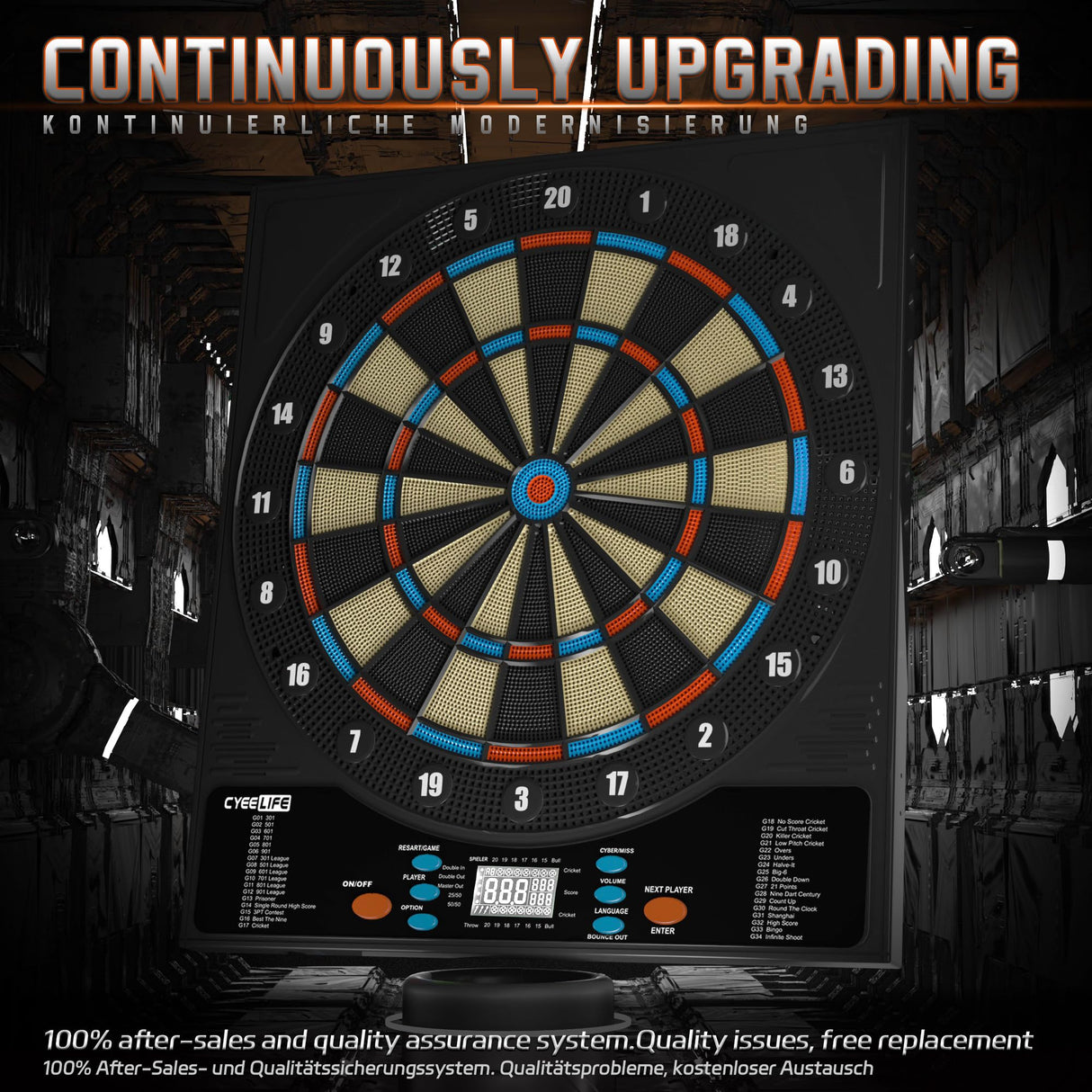 CyeeLife Electronic Dartboard&12 Soft Darts,8 Players&34 Games&255 Variations,Battery/Adapter/3 Languages Switching for Professional Dart Games CyeeLife