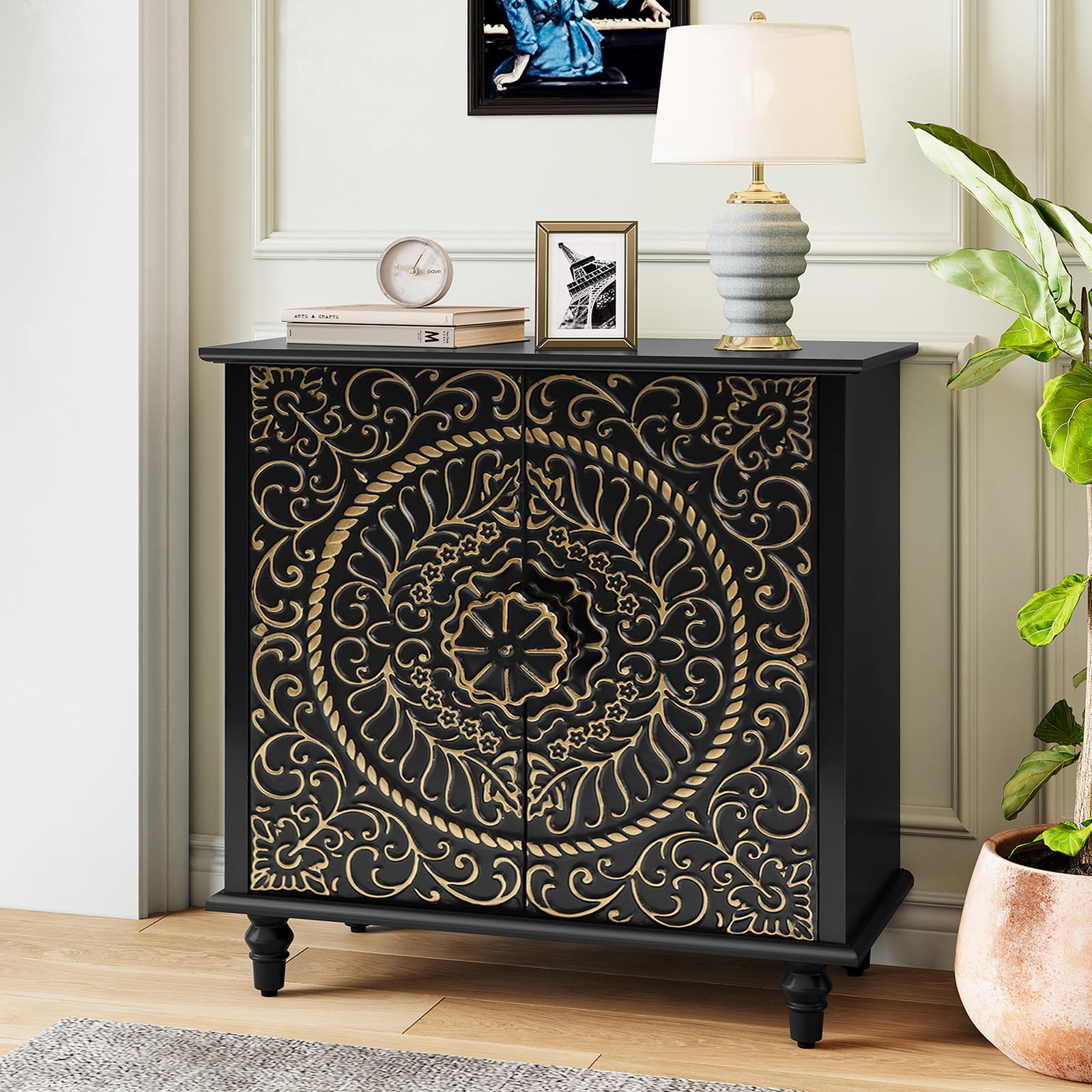 ARTPOWER Accent Cabinet with 2 Doors, Decorative Storage Cabinet with Carved Flower Pattern, Black Sideboard Buffet Cabinet, Wood Credenza with Storage for Entryway, Living Room, Kitchen, Din - WoodArtSupply