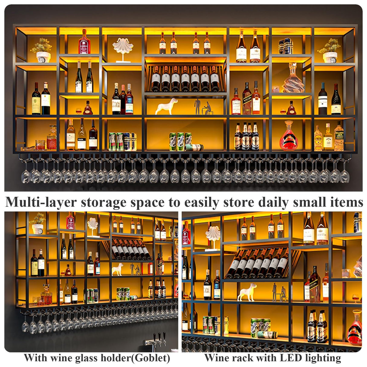 Upgrade Metal Wine Rack Wall Mounted With LED Light Modern,Bar Floating Wall Shelves Iron,Large Wall Mounted Wine Rack Metal For Bar Counter,Floating Shelf,Bar Shelves For Liquor Bottles For Kitchen(G LIHDNGXM