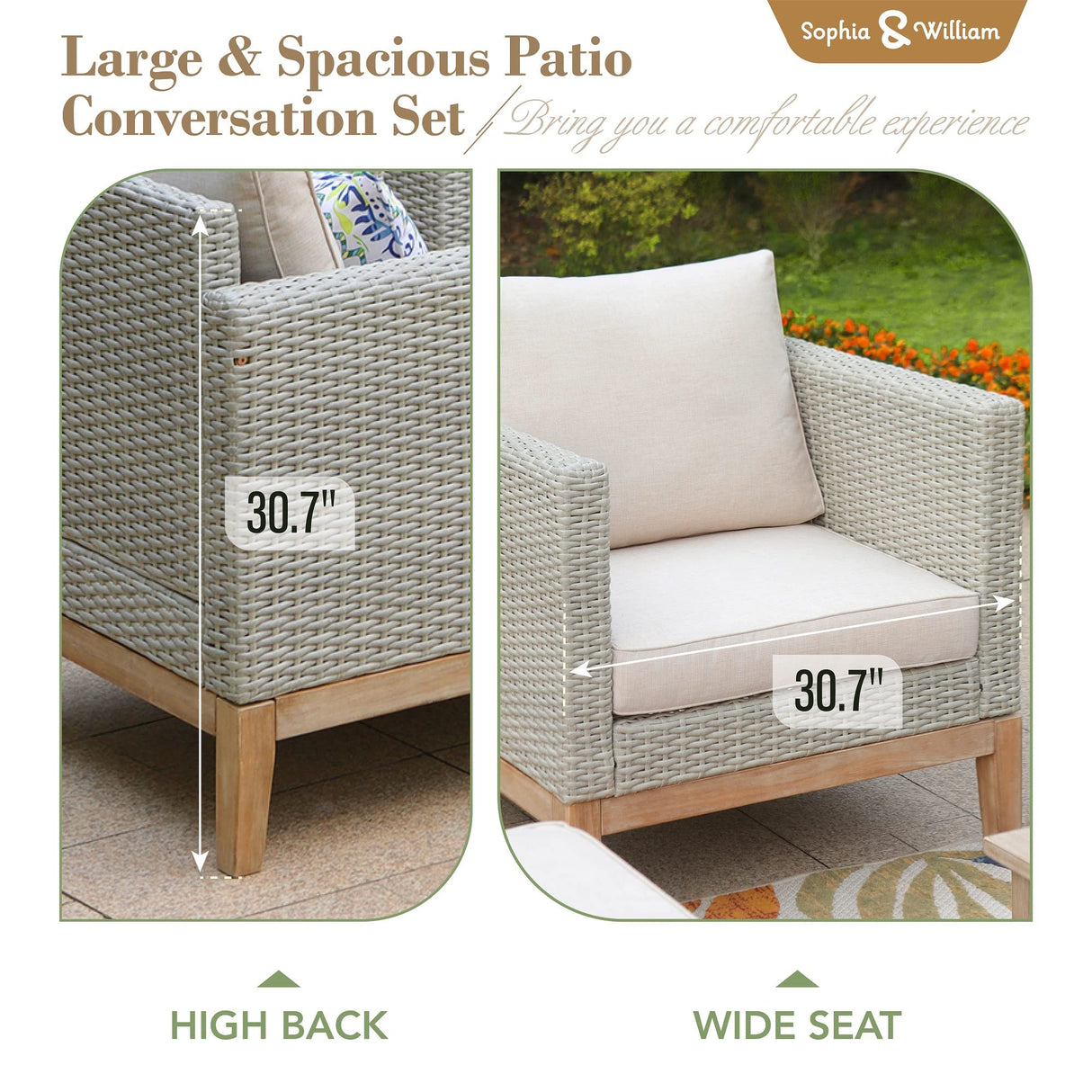 Sophia & William Outdoor Patio Furniture Sets, 5-Piece All-Weather Patio Conversation Set, High Back Wicker Rattan Setional Sofa with Large Single Sofa Chairs, Ottomans & Wooden Coffee Table (Beige) Sophia & William