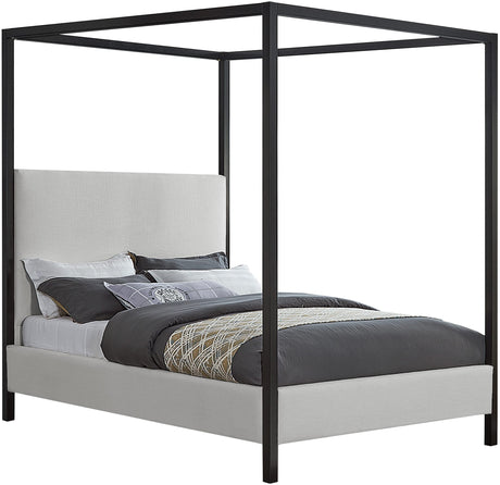 Meridian Furniture JamesBeige-K James Collection Modern | Contemporary King Bed with Cream Linen Textured Fabric, Matte Black Steel Canopy, Full Slats, 81" W x 85" D x 86" H, Cream, King Meridian Furniture