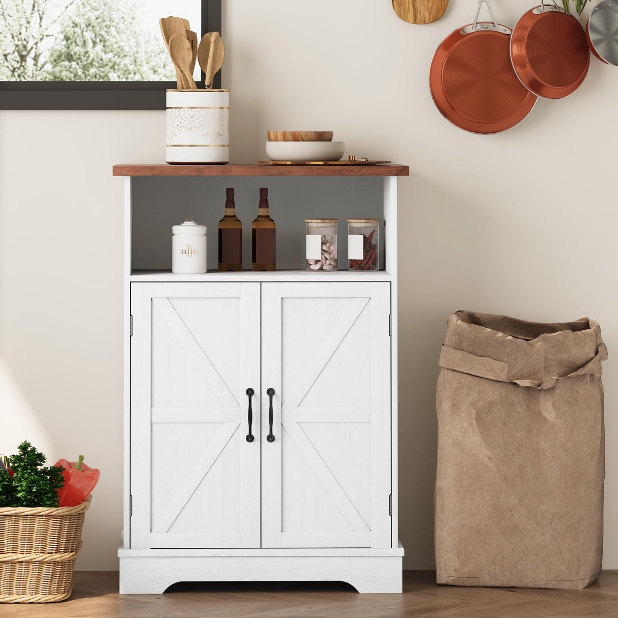 Smuxee Freestanding Cabinet Organizer, Farmhouse Style with Barn Door and Adjustable Shelf, White, for Bathroom, Kitchen, Living Room Smuxee