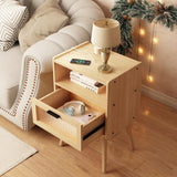 Mid Century Modern Nightstand with Charging Station, Bedside Tables with Glass Drawer, End Table Side Table with 2 Tiers Storage Space, for Bedroom, Living Room, Natural SOOWERY