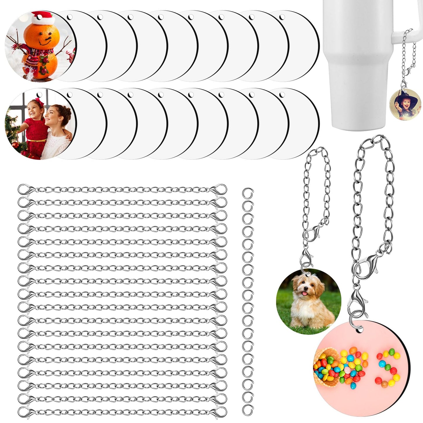 ZhouBoat 18 Set Sublimation Charm Accessories for Cup Name ID Charm for Tumbler Cup MDF Round Double Side Sublimation Blanks Bulk with Chains Rings Friends Gift for DIY Crafts