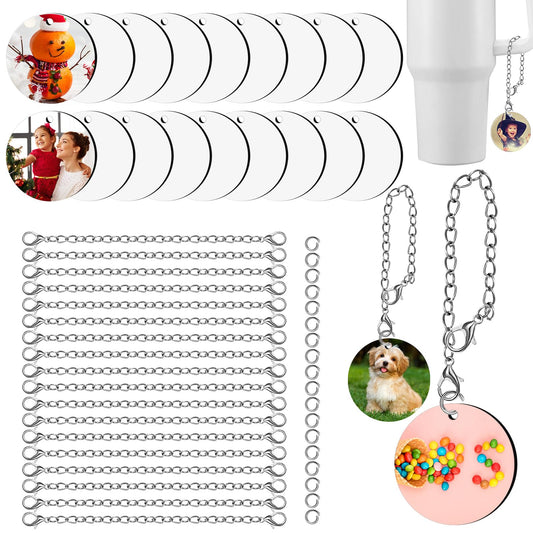 ZhouBoat 18 Set Sublimation Charm Accessories for Cup Name ID Charm for Tumbler Cup MDF Round Double Side Sublimation Blanks Bulk with Chains Rings Friends Gift for DIY Crafts