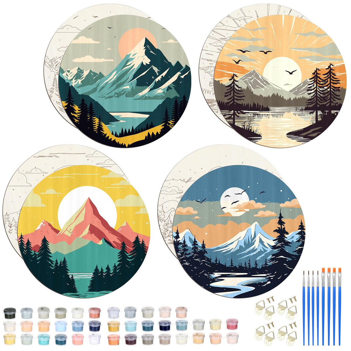 Faccito 4 Pack Wooden Landscape Paint by Numbers Kit for Adults Beginners 8 Inch Unfinished Round Wood Board Acrylic Paint Nylon Brush Hook Distant Mountains Sunset Lake DIY Crafts for Home Wall Decor Faccito