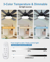 POCHFAN 62 inch Ceiling Fans with Lights and Remote Control, Large Black Ceiling fan with 8 Wooden Blades for Living Room Bedroom Patio, Quiet DC Motor, 3-CCT Dimmable,6 Speed POCHFAN