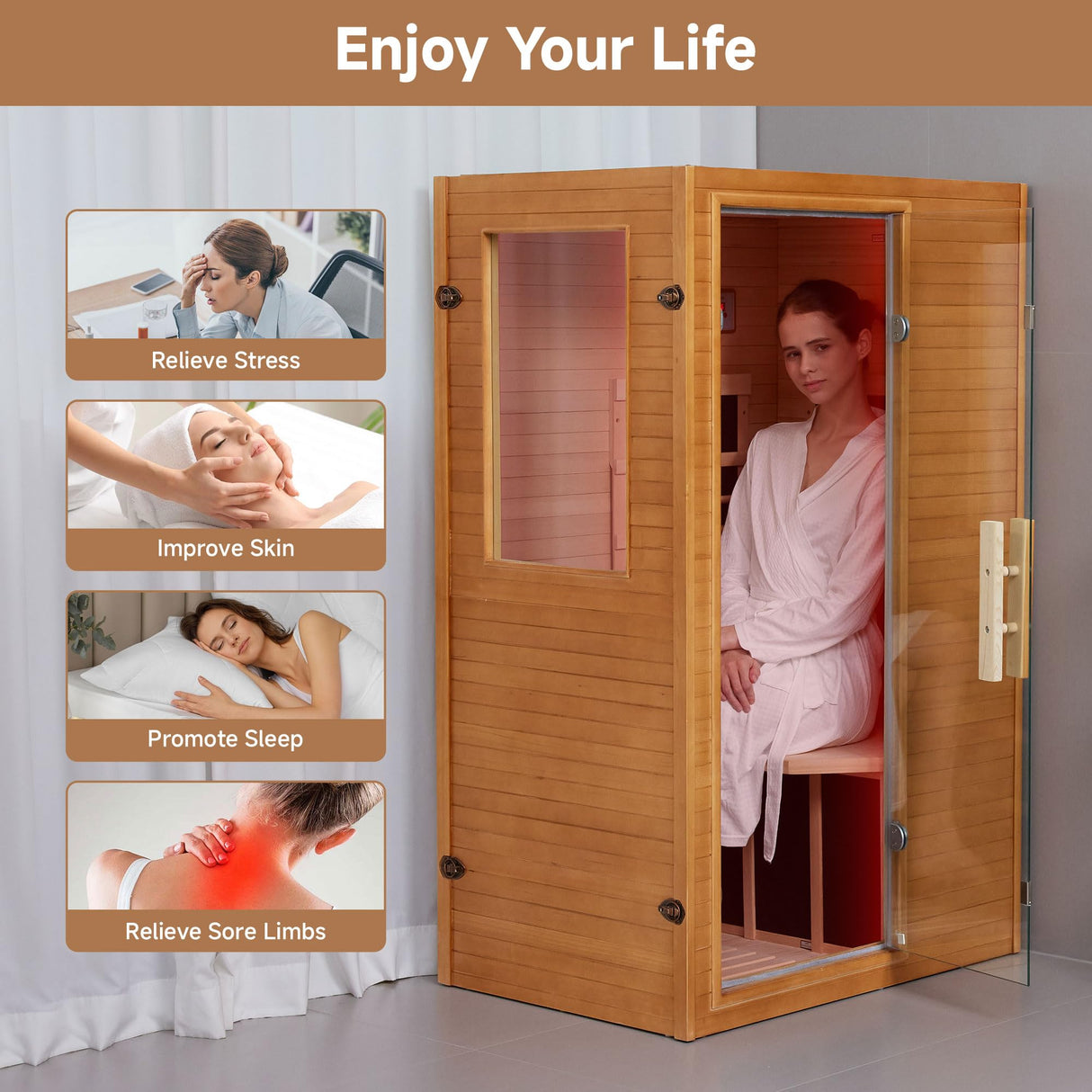 springspa Infrared Sauna Home Sauna, Indoor Far Infrared Saunas for Home, 1 Person Low Emf Canadian Hemlock Wooden Spa Room 950w, 110v with Control Panel springspa