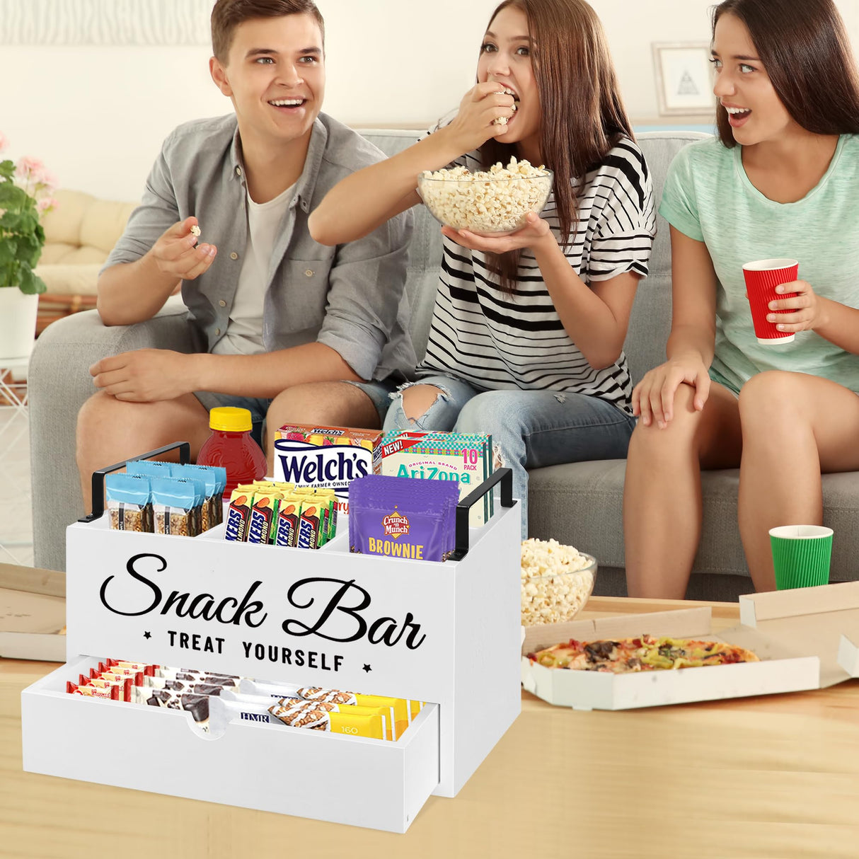 Snack Organizer for Countertop, Wood Pantry Storage Bins with Handles, Snack Organizer for Pantry, Kitchen, 4 Compartment Food Container Snack Box with Drawer, Pantry Organizer for Snacks, Chips Unistyle