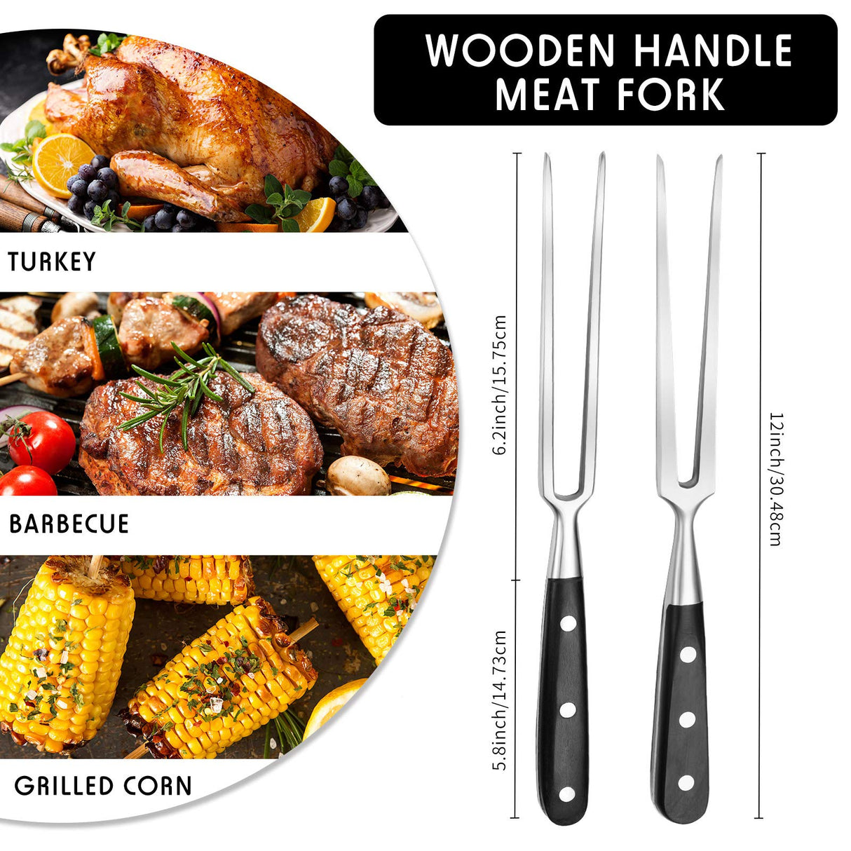 Patelai 2 Pieces Carving Forks 12 Inch Stainless Steel Meat Fork Cooking Fork with Wood Handle Grill Fork Serving Fork for Xmas Kitchen Roast BBQ Fork Carving Set Patelai