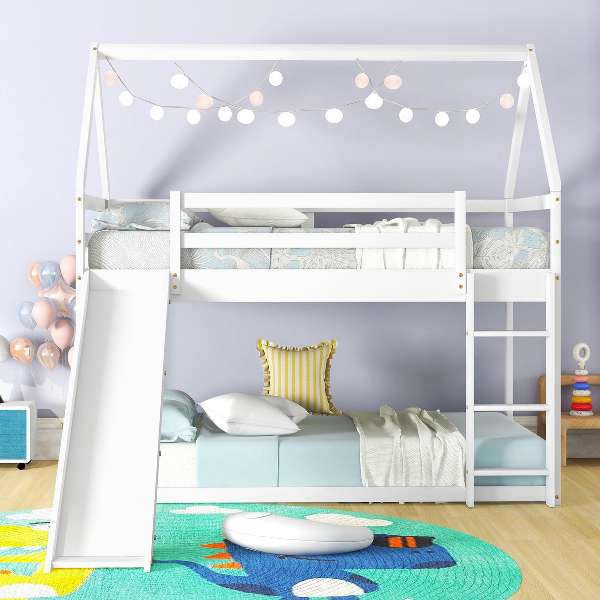 Bellemave Twin Over Twin House Bunk Bed with Slide,Floor Bunk Beds with Ladder for Kids,Solid Wood Twin Size Low Bunk Bed for Girls Boys Bellemave