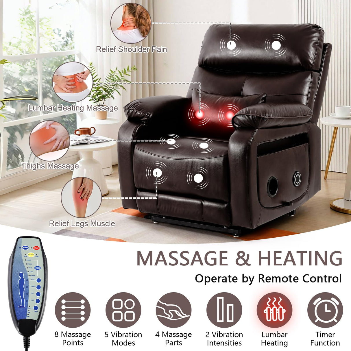 Dual Motor Power Lift Recliner Chair for Adult & Elderly, Infinite Position Lay Flat Lift Chair with Heat & Massage, Cup Holder, Lumbar Pillow, Wireless Charger, USB Ports, Leather (Brown) RESTREAL
