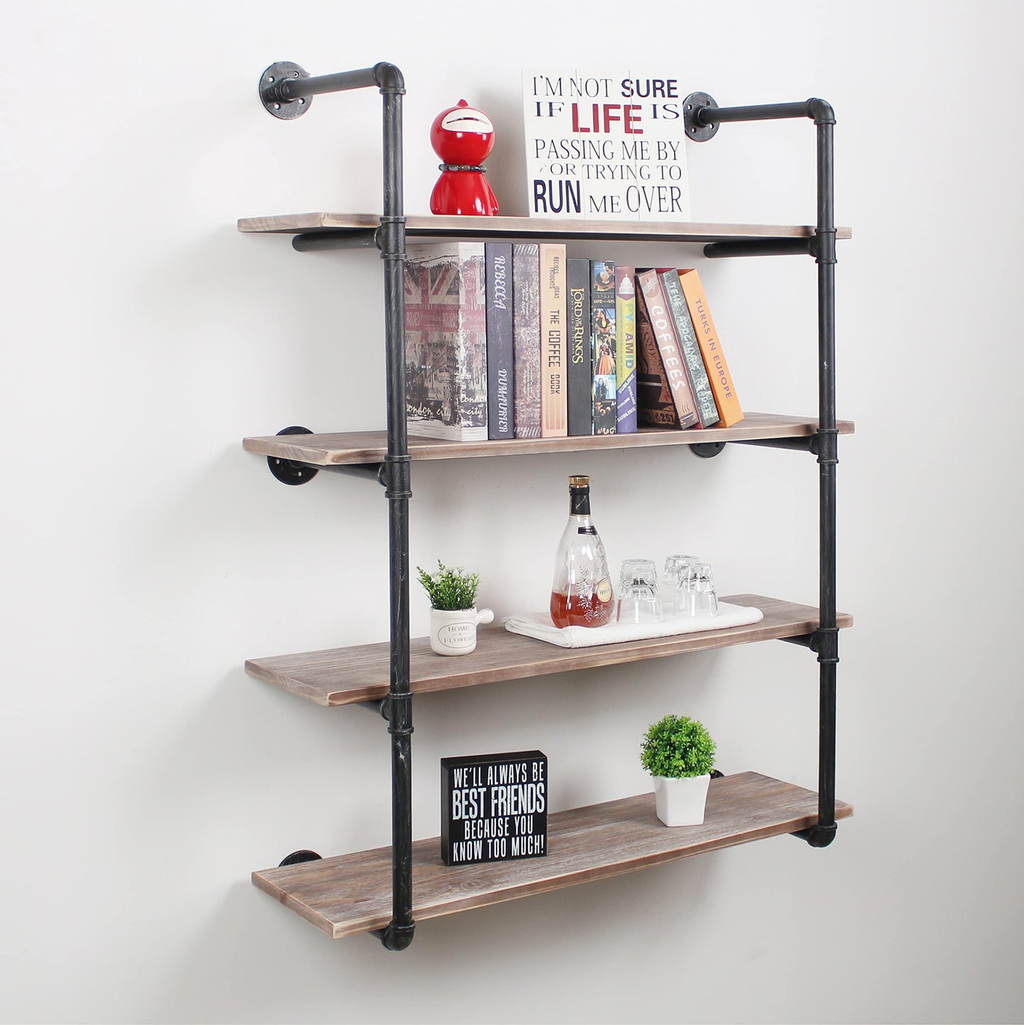 Industrial Pipe Shelving Wall Mounted,48in Rustic Metal Floating Shelves,Steampunk Real Wood Book Shelves,Wall Shelf Unit Bookshelf Hanging Wall Shelves,Farmhouse Kitchen Bar Shelving(4 Tier)