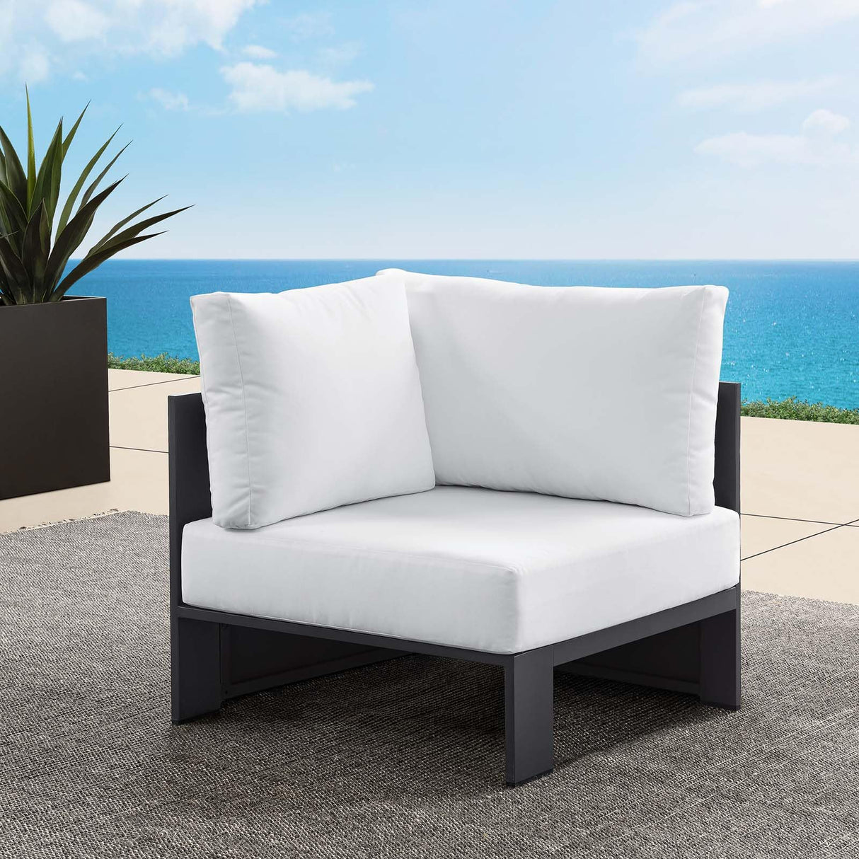 Modway Tahoe Aluminum Outdoor Sectional Corner Chair in Gray White with Weather-Resistant Cushions, Deep Seat Modular for Patio Furniture Lounge Set Modway