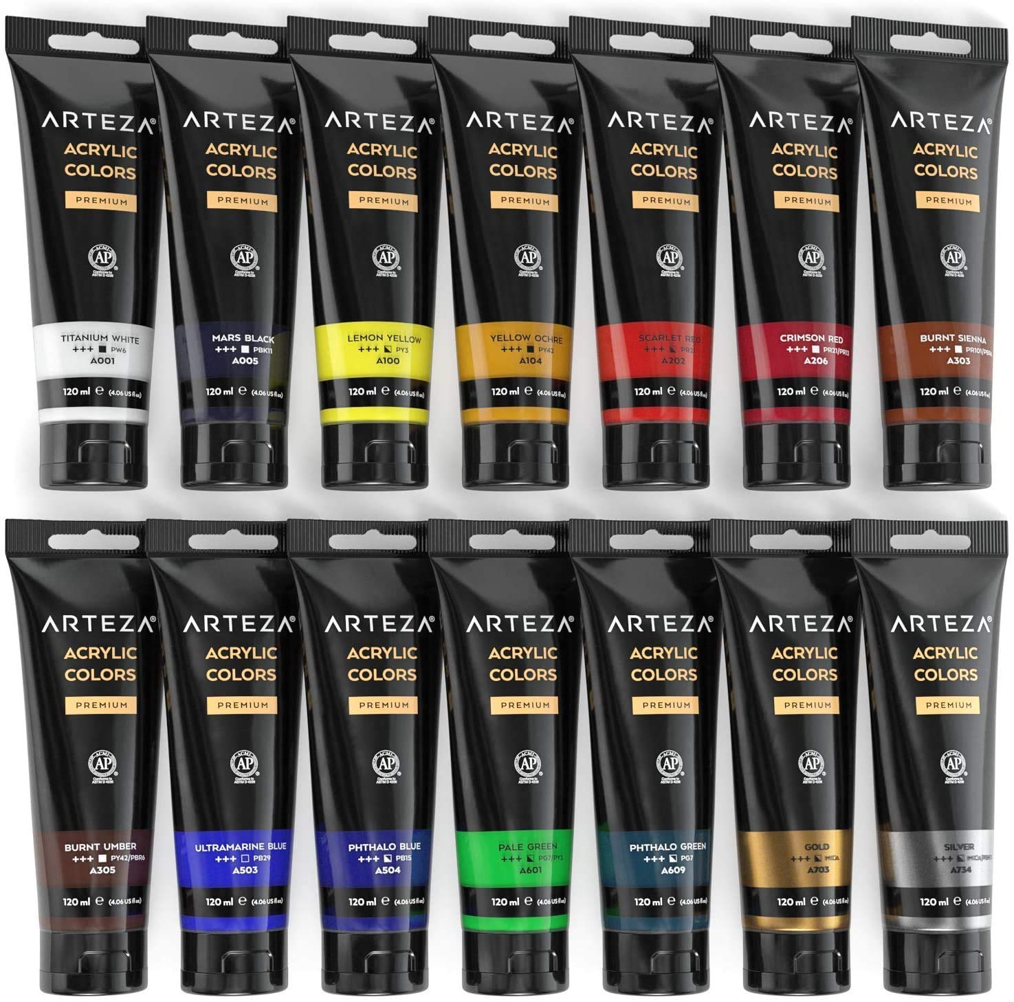 ARTEZA Acrylic Paint Set of 14 Colors, 4.06 Ounce Tubes, Non-Toxic Acrylic Artist Paints. Art Supplies for Painting - WoodArtSupply