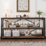 HSH Low Bookshelf, Industrial Wood 3 Tier Extra Long Horizontal Bookcase, Wide Open Metal Large Book Shelf for Bedroom Living Room, Rustic Brown, 70 Inch HSH