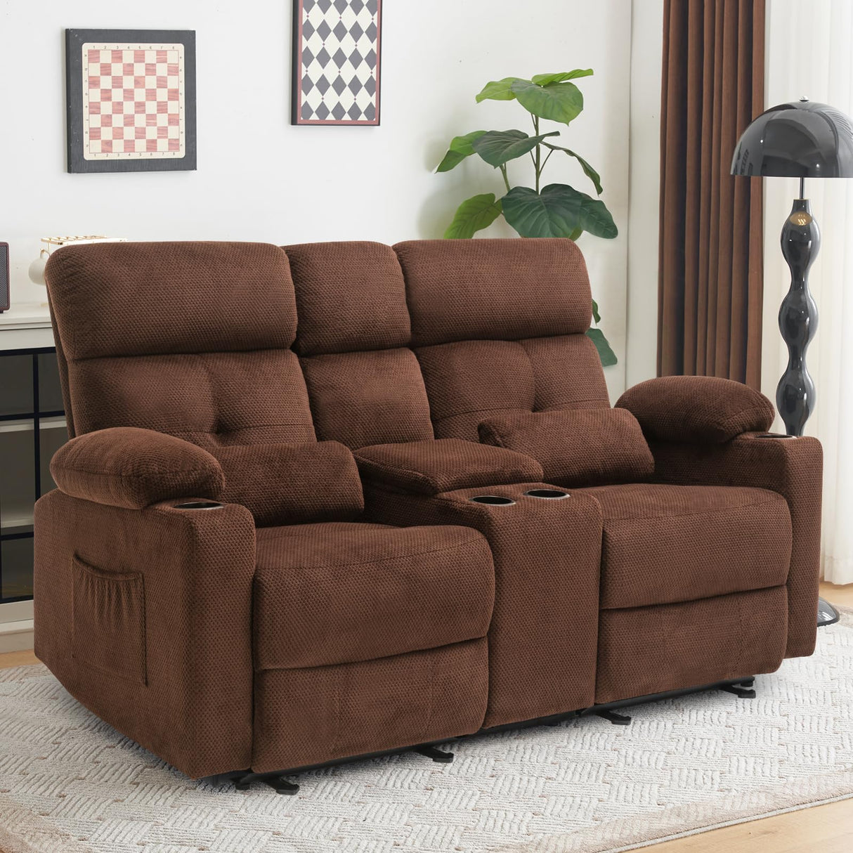 PALLOME Power Loveseat Recliner Sofa with Console, Loveseat Reclining Sofa with Heat & Massage, Home Theater Seating with Lumbar Pillow for Living Room, RV Recliner Loveseat (Velvet, Coffee) PALLOME