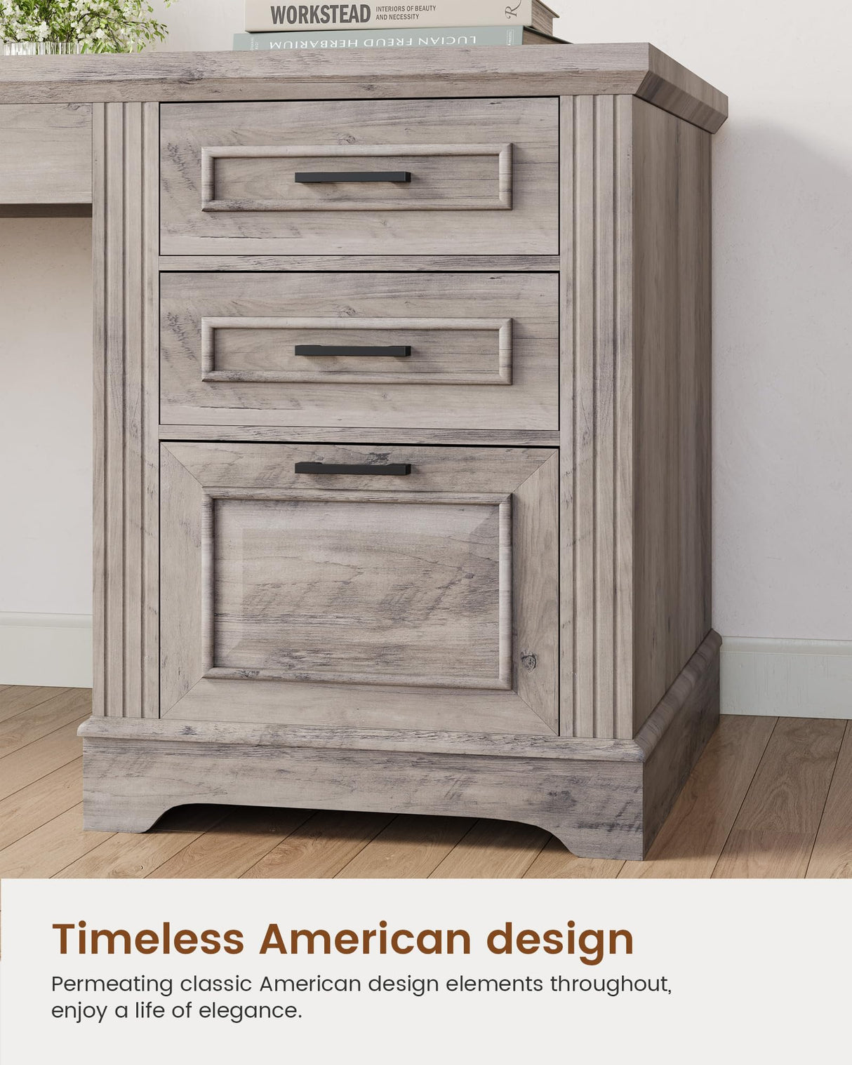 Itaar Farmhouse L Shaped Desk, Executive Computer Desk with Drawers and Storage Cabinet, Home Office Desk with File Drawer and Power Outlet, Corner Desk, Workstation for Office Home, Grey Itaar